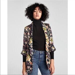 Zara Tropical Floral Satin Blazer 3/4 Ruched Sleeves S